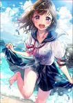  1girl :d bag bangs barefoot black_skirt blue_sky blurry blurry_foreground blush brown_hair clouds cloudy_sky commentary_request day depth_of_field eyebrows_visible_through_hair highres long_hair looking_at_viewer matsuzaki_miyuki neck_ribbon open_mouth original outdoors pleated_skirt red_eyes red_ribbon ribbon round_teeth sand school_bag school_uniform see-through serafuku shirt short_sleeves skirt skirt_hold sky smile solo standing standing_on_one_leg sunlight teeth toenails upper_teeth water water_drop wet wet_clothes wet_shirt white_shirt 