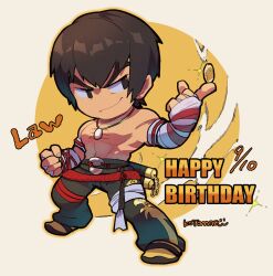  1boy black_eyes black_pants brown_hair character_name chibi chibi_only clenched_hand coin dated dragon_print full_body glint gold_coin happy_birthday highres kotorai male_focus marshall_law navel no_nose nunchaku pants scar scar_on_chest short_hair smile solo tekken toned toned_male topless_male twitter_username v-shaped_eyebrows weapon 