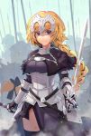  1girl armor armored_dress black_bow black_dress black_legwear blonde_hair blue_eyes bow braid chains cowboy_shot day dress eyebrows_visible_through_hair fate/apocrypha fate_(series) floating_hair gauntlets hair_bow highres holding holding_sword holding_weapon jeanne_d&#039;arc_(fate) jeanne_d&#039;arc_(fate)_(all) long_hair looking_at_viewer low-tied_long_hair outdoors single_braid smile solo srx61800 standing sword thigh-highs very_long_hair weapon 