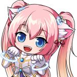  1girl :d angelic_buster animal_ears bangs bell blue_eyes blush bow cat_ears eyebrows_visible_through_hair fang gloves hair_bell hair_between_eyes hair_bow hair_ornament hair_ribbon head_tilt horns jingle_bell long_hair long_sleeves looking_at_viewer lowres maplestory nekono_rin official_style open_mouth pink_hair red_ribbon ribbon shirt simple_background smile solo twintails very_long_hair white_background white_bow white_gloves white_ribbon white_shirt 