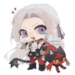  arm_up black_footwear black_shorts boots capelet chibi chibi_only commentary_request commission edelgard_von_hresvelg fire_emblem fire_emblem:_three_houses from_side furry gloves hair_half_over_shoulder hair_ribbon hand_on_own_hip highres litten long_hair long_sleeves looking_at_viewer looking_to_the_side open_mouth pantyhose parted_bangs pokemon purple_ribbon red_capelet red_pantyhose ribbon shiinakojima shorts standing violet_eyes white_background white_gloves white_hair 