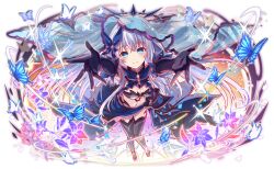  1girl alternate_hairstyle black_thighhighs blue_eyes blue_hair bridal_veil bug butterfly crash_fever date_a_live dress elbow_gloves gloves hair_ornament long_hair looking_at_viewer official_art outstretched_arms second-party_source smile solo spread_arms tachi-e thigh-highs tobiichi_origami transparent_background veil white_hair 