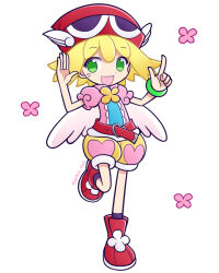  1girl :d amitie_(puyopuyo) ankle_socks artist_name belt black_socks blonde_hair blue_shirt deformed dot_nose double-parted_bangs flat_chest flower flower_(symbol) flower_brooch footwear_flower full_body green_eyes hands_up happy hat heart_o-ring index_finger_raised knee_up looking_to_the_side loose_belt no_pupils official_style open_hand open_mouth pink_shirt pink_shorts puffy_short_sleeves puffy_shorts puffy_sleeves puyopuyo puyopuyo_quest raised_eyebrows red_belt red_footwear red_hat shirt short_hair short_sleeves shorts sideways_glance simple_background smile socks solo standing standing_on_one_leg tachi-e takazaki_piko three_quarter_view two-tone_shirt two-tone_shorts white_background white_wings winged_hat wings wristband yellow_shorts 