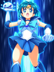  1girl attack bishoujo_senshi_sailor_moon blue_background blue_choker blue_eyes blue_footwear blue_hair blue_sailor_collar blue_skirt boots choker elbow_gloves gloves highres magical_girl mimimix miniskirt mizuno_ami pleated_skirt sailor_collar sailor_mercury sailor_senshi_uniform short_hair skirt tiara white_gloves 