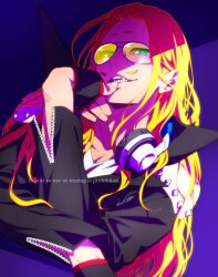  1boy biru_(k22_t20) black_gloves black_jacket blonde_hair boku_no_hero_academia ear_piercing earrings eyes_visible_through_eyewear facial_hair finger_to_mouth fingerless_gloves gloves green_eyes hand_on_own_face headphones high_collar highres jacket jewelry long_hair male_focus mustache open_mouth piercing present_mic shirt shoulder_pads solo teeth tinted_eyewear twitter_username upper_body yellow-tinted_eyewear zipper zipper_sleeves 