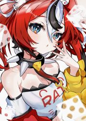  1girl :o absurdres animal_ears bare_shoulders black_hair blue_eyes blush breasts cheese clothes_writing collar collarbone detached_sleeves dice dice_hair_ornament double-parted_bangs food hair_ornament hakos_baelz hakos_baelz_(1st_costume) hand_on_own_face highres hololive hololive_english jewelry key key_necklace looking_at_viewer medium_breasts mouse_ears mouse_girl mouse_tail multicolored_hair nail_polish navel necklace neko_skk parted_lips red_nails red_sleeves redhead skindentation spiked_collar spikes strapless tail tube_top twintails uneven_twintails upper_body virtual_youtuber white_background white_hair white_tube_top yellow_sleeves 