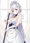  1girl azur_lane bangs bare_shoulders belfast_(azur_lane) braid breasts broom chains cleavage closed_mouth collar corset cowboy_shot dress elbow_gloves french_braid frilled_gloves frills gloves holding indoors kanikou large_breasts long_hair maid_headdress shiny shiny_hair silver_hair sleeveless sleeveless_dress smile solo standing straight_hair very_long_hair violet_eyes white_dress white_gloves window 