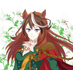  1girl animal_ears ascot brown_hair epaulettes green_jacket horse_ears horse_girl jacket kakasic leaf long_hair long_sleeves looking_at_viewer multicolored_hair plant single_epaulette solo streaked_hair symboli_rudolf_(umamusume) umamusume violet_eyes white_ascot white_hair 