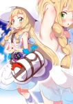  1girl :o adjusting_hair aloe_(kenkou3733) arm_up armpits bangs bare_arms blonde_hair blue_sky blunt_bangs blush braid clouds dress green_eyes half-closed_eyes hat highres lillie_(pokemon) looking_at_viewer open_mouth pokemon pokemon_(game) pokemon_sm sky sleeveless sleeveless_dress smile solo sun_hat twin_braids white_dress 