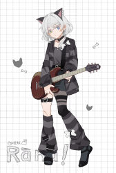  1girl absurdres animal_ears artist_name bang_dream! bang_dream!_it&#039;s_mygo!!!!! black_choker black_jacket black_leg_warmers black_shorts black_thighhighs blue_eyes cat_ears character_name chinese_commentary choker closed_mouth commentary_request cross cross_earrings earrings electric_guitar fake_animal_ears full_body grey_shirt guitar heterochromia highres holding holding_guitar holding_instrument instrument jacket jewelry kaname_raana leg_warmers long_sleeves medium_hair open_clothes open_jacket puffy_sleeves shirt shorts single_thighhigh solo striped_clothes striped_jacket striped_leg_warmers thigh-highs thigh_strap white_hair yellow_eyes yinranluo 