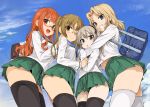  4girls ;) asanagi bag bangs black_eyes black_legwear blonde_hair blue_eyes blue_sky brown_eyes day enty_reward from_below girls_und_panzer glasses grin hair_ribbon hairband hand_on_another&#039;s_shoulder highres hug hug_from_behind kay_(girls_und_panzer) light_brown_hair looking_at_viewer medium_hair miniskirt multiple_girls one_eye_closed ooarai_school_uniform oono_aya orange_hair outdoors parted_bangs pleated_skirt red-framed_eyewear ribbon school_bag semi-rimless_eyewear shimada_arisu shoulder_bag skirt sky sleeves_past_wrists smile takebe_saori thigh-highs twintails under-rim_eyewear white_legwear zettai_ryouiki 