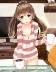  1girl alternate_costume aqua_eyes bed breasts brown_hair casual coffee coffee_mug collarbone cup framed_image glass_table hair_ornament holding holding_cup indoors kantai_collection kumano_(kantai_collection) long_hair looking_at_viewer loungewear mat medium_breasts narushima_kanna open_mouth panties pantyshot pantyshot_(standing) pom_pom_(clothes) ponytail solo standing striped_hoodie striped_jacket suzuya_(kantai_collection) table television_screen twitter_username underwear white_panties 