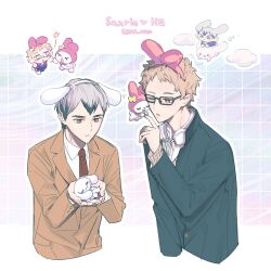  2boys animal animal_ear_hairband animal_ears black-framed_eyewear blonde_hair blue_jacket brown_coat buttons character_request chibi chibi_inset coat collared_shirt cropped_torso fake_animal_ears formal glasses grey_hair grid_background haikyuu!! hairband headphones headphones_around_neck highres holding holding_animal jacket long_sleeves male_focus multicolored_hair multiple_boys necktie outline rabbit rabbit_ears red_necktie sena_reco shirt short_hair streaked_hair tsukishima_kei two-tone_hair upper_body white_outline white_shirt yellow_eyes 
