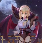  1girl absurdres black_gloves blonde_hair blush braid breasts closed_mouth clouds collared_shirt cup demon_wings drinking_glass eyebrows_visible_through_hair fang_out full_moon girls_frontline gloves gluteal_fold hair_ornament hair_over_shoulder hairclip highres holding holding_drinking_glass long_sleeves looking_at_viewer low_ponytail medium_breasts moon night outdoors shirt sky smile solo ssogari standing star_(sky) v-shaped_eyebrows welrod_mk2_(girls_frontline) white_shirt wine_glass wing_collar wings 