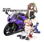  1girl bare_shoulders blonde_hair bow breasts brown_hair compa green_eyes ground_vehicle hair_bow hair_ornament highres if_(choujigen_game_neptune) long_hair looking_at_viewer motor_vehicle motorcycle multiple_girls neptune_(series) ribbon smile solo vehicle 