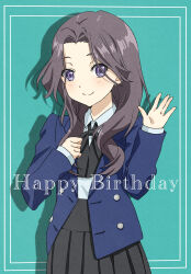  1girl 22/7 absurdres black_bow black_bowtie black_skirt blue_jacket bow bowtie closed_mouth collared_shirt cowboy_shot green_background grey_eyes grey_hair hand_on_own_chest happy_birthday highres jacket long_hair long_sleeves looking_at_viewer makoharo open_hand orihara_sumika parted_bangs pleated_skirt shirt skirt smile solo standing white_shirt 