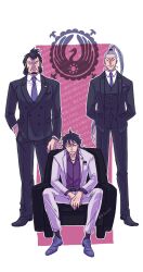  3boys absurdres alternate_costume artist_name black_eyes black_hair blue_hair closed_mouth commentary_request denjirou_(one_piece) facial_hair formal full_body goatee hand_in_pocket hellsska high_ponytail highres kinemon kouzuki_momonosuke long_hair long_sideburns long_sleeves looking_at_viewer male_focus multiple_boys necktie one_piece ponytail purple_necktie shirt short_hair sideburns sitting smile standing suit wavy_hair white_shirt 