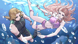  1boy 1girl air_bubble armband bare_shoulders barefoot bikini black_armband black_gloves black_male_swimwear black_shorts black_vest blonde_hair blue_eyes breasts brown_hair bubble fingerless_gloves gloves highres kurokawa_karasu leg_belt link long_hair male_swimwear medium_breasts medium_hair midriff parted_bangs pointy_ears princess_zelda purple_bikini purple_wristband shorts sidelocks swimsuit the_legend_of_zelda the_legend_of_zelda:_ocarina_of_time underwater vest 