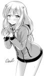  1girl artist_name blush bow cowboy_shot embarrassed eromanga_sensei eyebrows_visible_through_hair frown greyscale hair_bow hands_together hood hood_down hoodie izumi_sagiri leaning_forward long_hair long_sleeves looking_at_viewer monochrome naked_hoodie noise_(tsuzuki) signature simple_background solo sweatdrop wavy_mouth white_background 