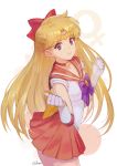  1girl aino_minako back_bow bishoujo_senshi_sailor_moon blonde_hair bow bowtie breasts elbow_gloves eyebrows_visible_through_hair gloves hair_bow large_bow long_hair looking_at_viewer medium_breasts meto31 pleated_skirt purple_bow purple_neckwear red_bow red_choker red_sailor_collar sailor_collar sailor_venus shirt simple_background skirt smile solo star_choker venus_symbol violet_eyes white_background white_shirt yellow_bow 
