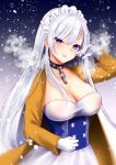  1girl absurdres azur_lane belfast_(azur_lane) blue_eyes blush braid breasts breath chains cleavage collar commentary_request eyebrows_visible_through_hair gloves highres large_breasts long_hair long_sleeves looking_at_viewer maid_headdress silver_hair smile solo upper_body white_gloves winter_clothes yuzuri_ai_(ichigo_crown) 