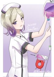  1girl abyssal_ship blonde_hair character_name commentary_request dated dress enemy_lifebuoy_(kancolle) gradient_background gradient_hair hat highres intravenous_drip jean_bart_(kancolle) kantai_collection multicolored_hair nurse nurse_cap purple_background shiratsuki_azu short_hair solo syringe violet_eyes white_dress 