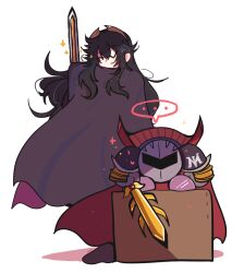 ... 1boy 1girl alternate_color armor black_hair cape cape_hold falchion_(fire_emblem) fire_emblem fire_emblem_awakening galaxia_(sword) holding holding_sword holding_weapon homriette kirby_(series) lucina_(fire_emblem) mask meta_knight one_eye_closed pauldrons shoulder_armor simple_background sparkle standing super_smash_bros. sword weapon