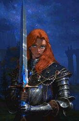  1girl arch armor blue_eyes blue_sky breastplate carian_knight_(elden_ring) closed_mouth couter earrings elden_ring forehead gauntlets gem grass hair_over_shoulder highres holding holding_sword holding_weapon in-universe_location jewelry lips long_hair mountain nebula night orange_hair original outdoors parted_hair pixel_art plate_armor red_gemstone rerebrace shoulder_armor sky solo star_(sky) starry_sky sword tarnished_(elden_ring) tree upper_body valerii_kim water weapon 