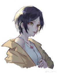  1girl absurdres brown_jacket chinese_commentary commentary_request cropped_torso crying crying_with_eyes_open earrings grey_hair hayami_kanade highres idolmaster idolmaster_cinderella_girls jacket jewelry necklace parted_lips short_hair sidelocks simple_background single_off_shoulder solo tank_top tears upper_body weibo_watermark white_background white_tank_top yannn yellow_eyes 