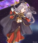  1girl cape gloves granblue_fantasy hair_ornament hair_over_one_eye hair_stick harbin highres long_hair looking_at_viewer navel nio_(granblue_fantasy) open_mouth pointy_ears ponytail purple_hair solo star starry_background thigh-highs violet_eyes 