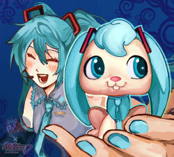  1girl animalization aqua_hair aqua_nails aqua_necktie black_sleeves blue_background blush closed_eyes commentary crossover detached_sleeves english_commentary grey_shirt hatsune_miku headphones headset highres holding holding_toy incoming_gift littlest_pet_shop logo long_hair necktie open_mouth perspective rabbit shirt smile solo toy twintails very_long_hair vocaloid wormontwostrings 