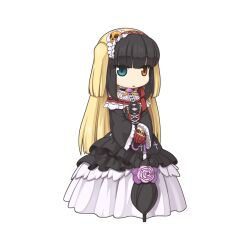  1girl black_dress black_hair black_umbrella blonde_hair blue_eyes blunt_bangs chibi chibi_only closed_umbrella cross-laced_clothes cross-laced_dress dress dyed_bangs expressionless flower frilled_dress frills full_body gloves heterochromia holding holding_umbrella long_hair looking_at_viewer medium_bangs multicolored_hair official_art open_mouth orange_eyes pink_flower pink_rose purple_brooch ragnarok_online red_gloves rose shalosh simple_background skirt skirt_under_dress solo standing transparent_background two-tone_hair two_side_up umbrella white_skirt yuichirou 