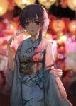  1girl blue_kimono brown_eyes brown_hair closed_mouth festival floral_print flower food hair_flower hair_ornament holding holding_food japanese_clothes jiayue_wu kimono koe_no_katachi long_hair looking_at_viewer nishimiya_shouko sash smile solo white_flower 