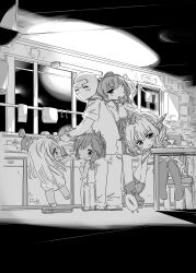  1boy 4girls abyssal_ship atlanta_(kancolle) colorado_(kancolle) commentary_request enemy_lifebuoy_(kancolle) food fruit grey_eyes headgear highres i-401_(kancolle) kantai_collection kitchen kugimiya_atsuki long_hair monochrome multiple_girls pants pantyhose ponytail ro-500_(kancolle) short_hair sitting t-head_admiral table watermelon watermelon_slice 