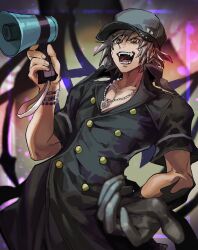  1boy arm_up bandana baseball_cap black_coat black_hat black_skin bracelet brown_hair buttons coat collared_coat colored_skin commentary_request cowboy_shot fangs hat highres jewelry looking_at_viewer male_focus megaphone minamimoto_sho necklace ohji130 open_collar open_mouth outstretched_arm pectoral_cleavage pectorals red_bandana short_sleeves solo subarashiki_kono_sekai teeth tongue yellow_eyes 