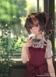  1girl apron arm_at_side bangs blush brown_hair coffee collared_shirt cup day drink eyebrows_visible_through_hair fence holding holding_cup indoors looking_to_the_side matsusatoru_kouji original parted_lips plant ponytail potted_plant red_apron red_eyes shirt short_hair smile tree upper_body wavy_hair white_shirt window wing_collar 