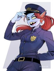 1girl 2024 2d anthro arm_behind_back artist_name bad_id bad_twitter_id belt blue_skin border chief_undyne commentary deltarune digital_media ear_fins female female_only fish fish_girl grey_background hair high_ponytail inactive_account japanese_commentary long_hair mekyo monster monster_girl outside_border police police_hat police_uniform policewoman ponytail red_hair sharp_teeth simple_background slit_pupils solo teeth twitter_username two-tone_background undyne uneven_eyes uniform upper_teeth_only utdr_(toby_fox) white_background white_border yellow_sclera