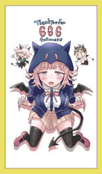  1girl 2boys 666 :d animal_ears black_thighhighs blush breasts brown_hair danganronpa_(series) danganronpa_2:_goodbye_despair demon_boy demon_girl demon_tail demon_wings dress_shirt fake_animal_ears foreshortening galaga hair_ribbon hinata_hajime holding hood hood_up hooded_jacket jacket komaeda_nagito large_breasts long_sleeves lower_teeth_only multiple_boys nanami_chiaki pink_footwear ribbon shirt smile solo_focus tail teeth thigh-highs tongue uzu_(uzusio55) white_shirt wings 