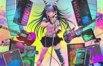  1girl :q bass_guitar black_hair black_nails black_skirt character_name dangan_ronpa flcl guitar highres instrument microphone miniskirt mioda_ibuki multicolored_hair nail_polish pink_eyes qosic school_uniform scrunchie serafuku skirt standing super_dangan_ronpa_2 thigh-highs tongue tongue_out torn_clothes torn_thighhighs wrist_scrunchie 