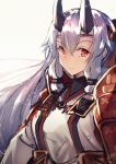  1girl armor bandanna fate/grand_order fate_(series) grey_hair hair_between_eyes highres horns japanese_armor japanese_clothes long_hair looking_at_viewer nakatokung red_eyes solo tomoe_gozen_(fate/grand_order) 