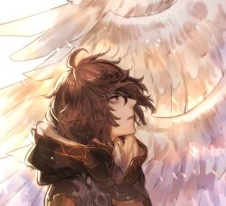  1boy angel_wings black_cloak brown_hair cloak commentary_request eyelashes feathered_wings floating_hair from_side granblue_fantasy hair_between_eyes hood hood_down hooded_cloak kogarashi_8 light_particles male_focus multiple_wings open_mouth red_eyes sandalphon_(granblue_fantasy) short_hair simple_background solo upper_body white_background white_wings wind wings 