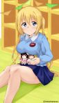  1girl bangs blend_s blonde_hair blue_eyes blue_shirt blue_skirt blush breasts character_doll closed_mouth collared_shirt commentary_request doll eyebrows_visible_through_hair hair_between_eyes hinata_kaho holding holding_doll hoshikawa_mafuyu indoors kindergarten_uniform knees_together_feet_apart large_breasts long_hair looking_at_viewer on_floor pennant pleated_skirt sakuranomiya_maika shirt shoe_lockers sidelocks sitting skirt smile solo string_of_flags tasora twintails twitter_username very_long_hair 
