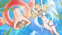  1boy 1girl afloat aqua_ribbon arm_behind_head bikini blonde_hair blue_eyes blue_male_swimwear blunt_bangs blurry blurry_foreground bracelet breasts closed_eyes feet_out_of_frame flower_bracelet frilled_bikini frills hair_ribbon highres jewelry kurokawa_karasu leaf link long_hair lying male_swimwear medium_breasts midriff navel on_back on_innertube on_stomach one_eye_closed princess_zelda ribbon short_hair sidelocks swimsuit the_legend_of_zelda the_legend_of_zelda:_skyward_sword thigh_strap topless_male twintails white_bikini 