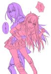  2girls armor bangs blunt_bangs breasts carrying_under_arm cleavage fate/grand_order fate_(series) gloves japanese limited_palette long_hair medb_(fate/grand_order) medium_breasts multiple_girls open_mouth pauldrons scathach_(fate/grand_order) shoulder_armor sweat takamura_yue tiara translated very_long_hair white_background 