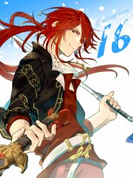  1boy aaron_wei countdown cropped_jacket dual_wielding eiyuu_densetsu floating_hair gradient_background hair_between_eyes highres holding holding_sword holding_weapon jian_(weapon) kai_no_kiseki kuro_no_kiseki_(series) looking_at_viewer male_focus mikamikiseki parted_bangs ponytail redhead sidelocks signature simple_background smile solo sword twitter_username two-tone_background weapon yellow_eyes 