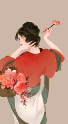  1girl basket black_hair cherry_blossoms chinese_clothes chinese_hairpin flower_basket from_above from_behind green_shawl grey_background hair_bun hair_ornament hair_stick hanfu highres ibuki_satsuki original pale_skin red_lips red_shirt ruqun shirt skirt solo upper_body white_skirt 