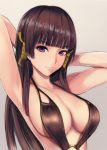  1girl armpits arms_behind_head arms_up bangs bare_arms bare_shoulders black_hair black_swimsuit blunt_bangs breasts casual_one-piece_swimsuit cleavage closed_mouth collarbone dead_or_alive eyebrows_visible_through_hair grey_background hair_ornament hime_cut large_breasts long_hair looking_at_viewer mole mole_under_mouth nannacy7 nyotengu o-ring o-ring_swimsuit one-piece_swimsuit simple_background smile straight_hair swimsuit tsurime upper_body violet_eyes 