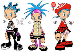  2000s_(style) 3girls alternate_costume ankle_socks aqua_eyes aqua_hair arms_at_sides beret black_collar black_gloves black_pants black_shirt black_shorts black_sleeve_cuffs black_socks black_wristband blue_pupils bone_print brown_jacket brown_shorts buttons child closed_mouth collar collared_dress concept_art cool_cool_toon dress dual_persona earrings english_text eyelashes facing_to_the_side facing_viewer freckles glove_cuffs gloves gyoubu_ippei hair_tie hairband hat headband heart heart_print highres hood horizontal-striped_shorts horizontal-striped_sleeves i_love_new_york jacket jewelry lace-trimmed_shirt lace-trimmed_skirt lace_trim large_feet large_hands layered_skirt logo_parody logo_print long_sleeves looking_at_viewer looking_to_the_side mary_janes multiple_girls numbered official_alternate_costume official_art orange_undershirt padded_jacket pants pantyhose pink_collar pink_headband pink_pantyhose pink_skirt pink_sleeves plaid_clothes plaid_dress polka_dot print_headband print_shirt print_socks punk purple_undershirt red_dress red_footwear red_hat red_sleeves reference_sheet ring shirt shoes short_hair shorts simple_background single_glove sketch skirt skull_and_crossbones skull_print sleeve_cuffs sleeveless sleeveless_jacket sleeveless_shirt sleeves_past_wrists smile snk socks spica_(cool_cool_toon) spiked_collar spiked_wristband spikes spiky_hair standing star_(symbol) star_print straight-on striped_clothes striped_headwear striped_shorts striped_sleeves toon_(style) translation_request two-tone_shirt updo urban_style white_background white_shirt 