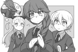  3girls aged_down anger_vein assam_(girls_und_panzer) black_necktie black_ribbon blonde_hair braid brown_hair collared_shirt commentary_request darjeeling_(girls_und_panzer) frown girls_und_panzer grabbing_another&#039;s_hair hair_ornament hair_ribbon hairpin highres long_braid long_hair messy_hair miniskirt monochrome multiple_girls necktie renshiu ribbon rukuriri_(girls_und_panzer) school_uniform shirt skirt st._gloriana&#039;s_school_uniform sweater 