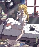  1girl alcohol alternate_costume barefoot bed bed_sheet black_cat blonde_hair bloomers blue_eyes book book_stack bottle braid cat collarbone commentary cup curtains drinking feet fly_agaric full_body hair_between_eyes hat highres indoors inuno_rakugaki kirisame_marisa mary_janes messy_hair morning mug mushroom nail_polish on_bed pillow sake_bottle shoes shoes_removed side_braid sitting soda_bottle solo strap_slip touhou underwear waking_up window witch_hat 